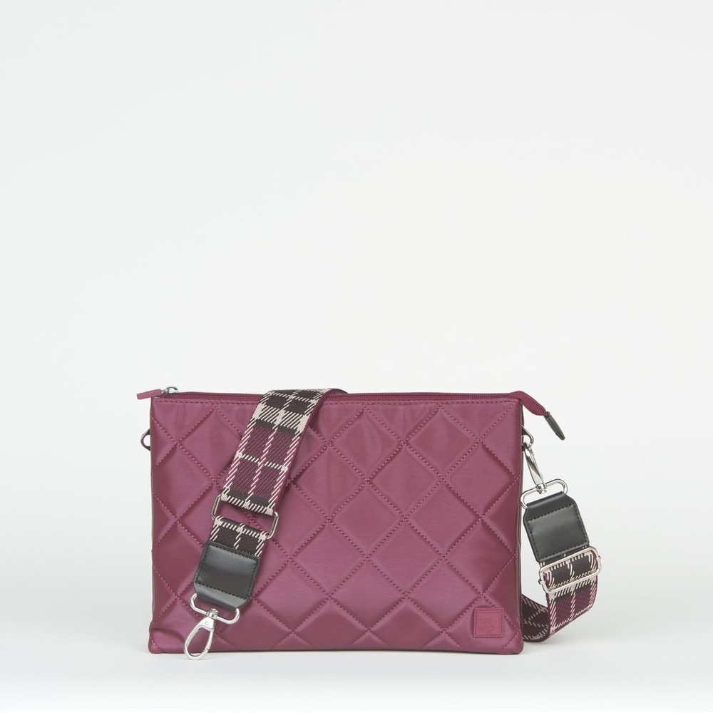THE TRIO TRAPEZE CROSSBODY WITH PLAID STRAP - METALLIC MERLOT